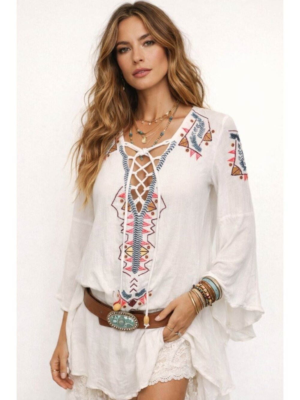 Lulus My Bell-Loved Ivory Embroidered Shift Tunic Top Peasant S Boho CottageCore